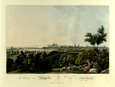 A shepherd and his dog sleep under a tree next to a flock of sheep in the foreground, with a couple contemplating the fields beyond and a view of the city of Mannheim by the Rhine in the background
