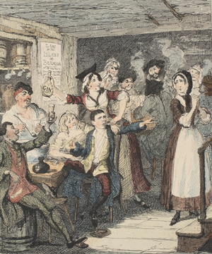 Jack Sheppard gets drunk and orders his mother off, illustration from 'Jack Sheppard: A Romance' by William Harrison Ainsworth, published 1839 (hand coloured etching)