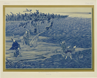 Japanese Porcelain Scenic Panel from Owari – Waterside Landscape with Fisherfolk and Pine Tree (litho)