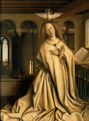 Detail of Virgin Annunciate, from the exterior of the right panel of the Ghent Altarpiece, 1432 (oil on panel)