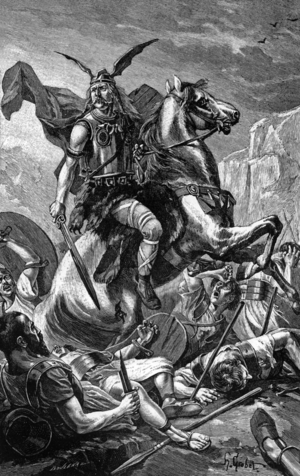 Gallic leader (winged helmet, sword, armour...) on horse, trampling ennemies underfoot, 19th century engraving by Boulenaz after drawing by H. Grobet