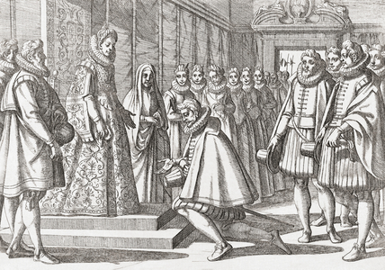 Philip III, King of Spain Before Margaret of Austria, 17th century (engraving)