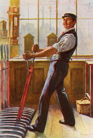 Railway signalman at the controls (colour litho)