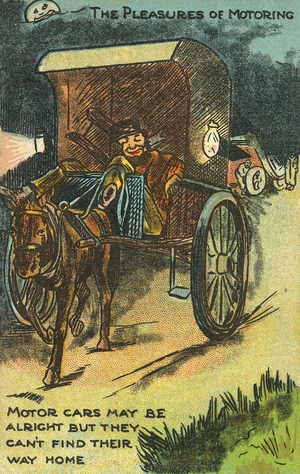 Motoring: a sleeping man being taken home in his horse and cart (chromolitho)