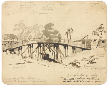 Taximoto's Bridge, POW Camp, Havelock Road, Singapore, 1942 (ink wash over pencil on paper) 