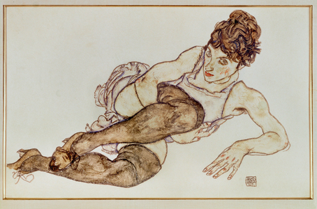 Frau mit braunen Strümpfen - Woman … (gouache and black crayon)