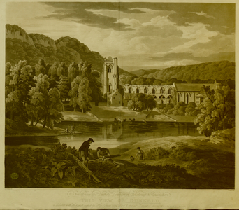 Figures by the River Tay; cattle on the opposite bank; Dunkeld Cathedral at the centre of the scene; hills in the distance; trees throughout the scene