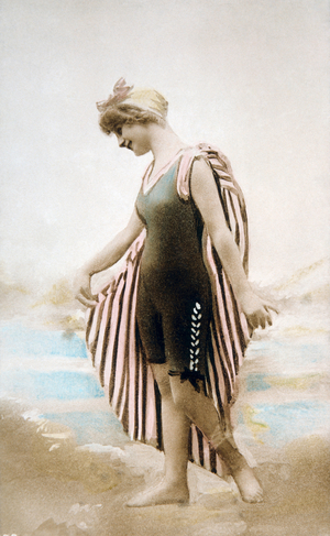 Woman wearing bathing suit, c.1900 (coloured photo)