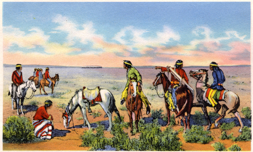 indians discovering the first train to Santa Fe , postcard c. 1949