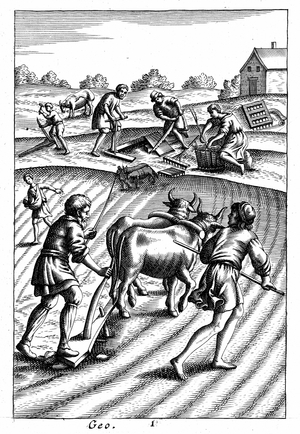 Ploughing with oxen, sowing seed broadcast and harrowing. In background agricultural tools are being made from wood. 18th century (copperplate engraving from "Virgil Georgics" which followed the agricultural traditions set down in Roman times by Virgil)