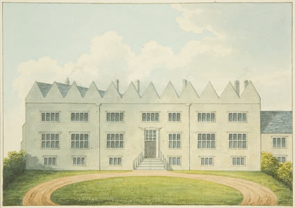 Main façade of Abbots' Leigh House, where Charles II took refuge after the Battle of Worcester (pencil & watercolour on paper)