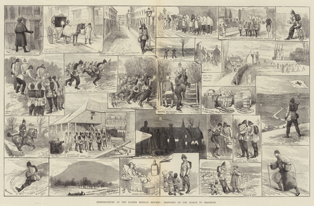 Reminiscences of the Easter Monday Review, Sketches on the March to Brighton (engraving)