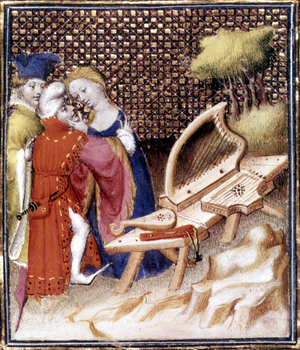 Couple of lovers in a garden with musical instrument, scene of courtly love, illumination, middle age late 14th century