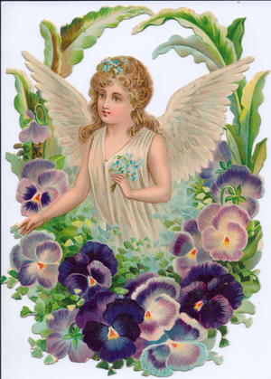 A Victorian Paper Scrap Relief of an angel in a circle of flowers, c.1880 (colour litho)