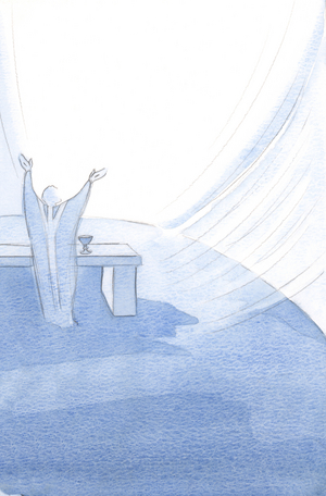 Christ sustains His Holy Church at every moment of her life, arms outstretched as he offers His Holy Sacrifice., 2001 (w/c on paper)