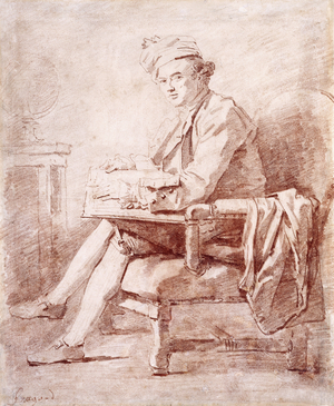 Portrait of Joseph-Jerome Le Francais de Lalande, full-length, seated, in profile to the left, holding a book, a globe resting on a table at the left,  (red  chalk)