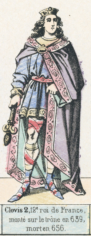 Clovis 2, 12e roi de France, monte sur le trone en 639, mort en 656 (coloured engraving)