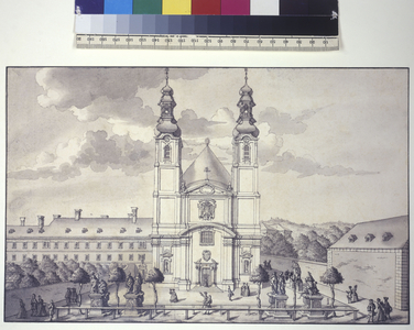Full page: front view of the Servite Church in the suburb of Rossau (pen and ink drawing)