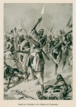 Mahdist warriors on the attack, Battle of Omdurman, Sudan, 1898 (litho)