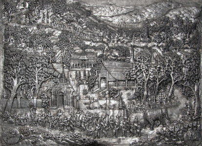Thailand: A scene from the white elephant legend connected with the founding of Wat Phrathat Doi Suthep, seen here in Wat Meun San, Chiang Mai, northern Thailand