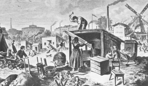 Temporary shelters poor families in Berlin, 1870 (b/w photo)