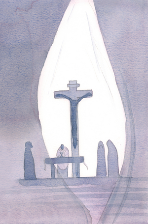 At every Mass we become present to the one Sacrifice of Calvary, as if a curtain is being parted in our presence, 2001 (w/c on paper)