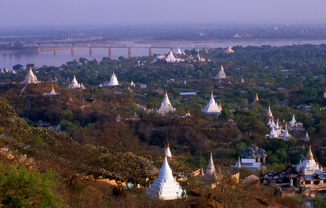 Burma / Myanmar: A sea of pagodas at Sagaing, the Ava Bridge across the river Irrawaddy / Ayeyarwady in the distance