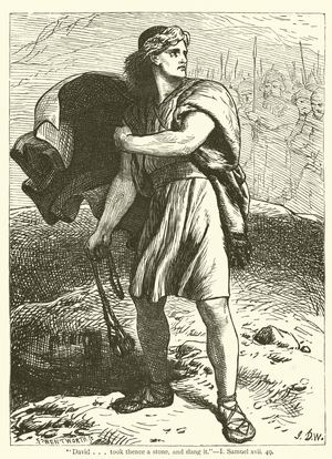 "Davidtook thence a stone, and slang it", I, Samuel, xvii, 49 (engraving)