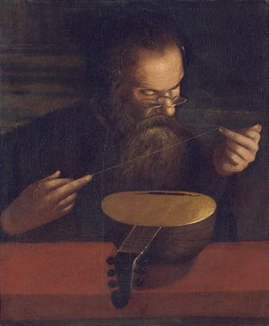 An old man stringing a lute (oil on canvas)
