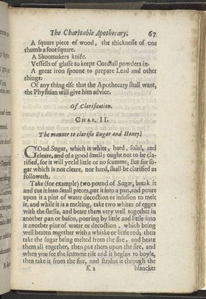 Recipe for Clarifying, p.67 from 'The charitable physitian with the Charitable apothecary...', by Philbert Guybert, 1633 (engraving)