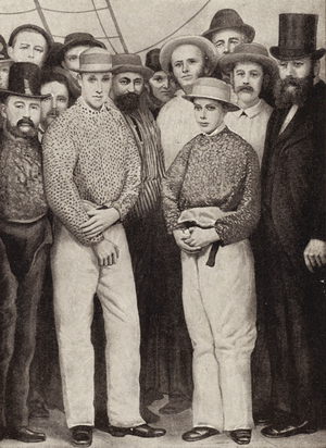 Prince Albert Victor and Prince George, ready to go down a gold mine, Ballarat, Australia (litho)