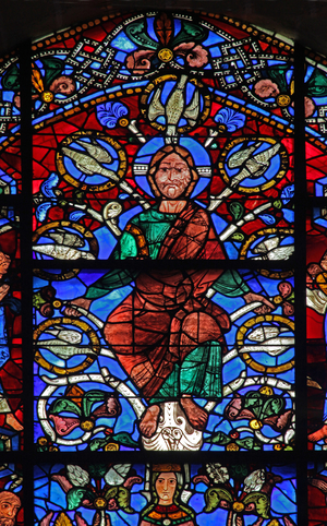 The Tree of Jesse: The Tree of Jesse: Christ with 7 doves of the Holy Spirit: to the left Habakkuk and Sophonias on the right (w49) (stained glass)