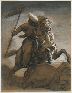 Turkish Cavalier in Combat, c.1818  (brown wash, heightened with gouache on paper)