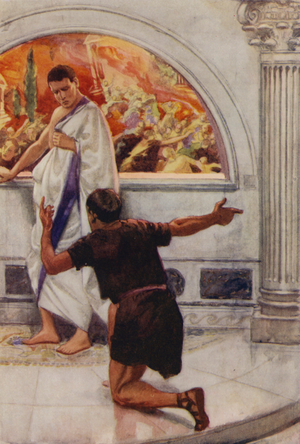 Calm and unafraid, Pliny goes to his bath while Pompeii crashes to its doom (colour litho)