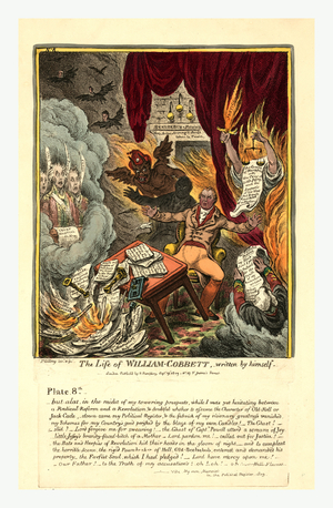 The Life of William Cobbett, Engraving 1809, Cobbett Surrounded by Flames and Beset by Ghosts, Starts Back in His Chair, Overturning His Writing Table and Dropping His Pen