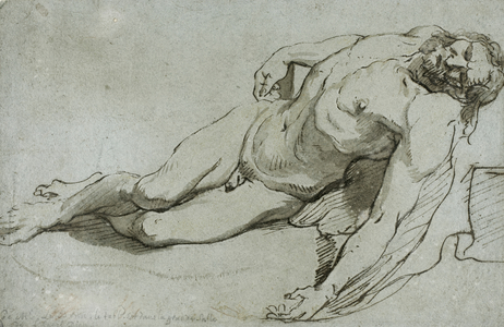 The Dead Christ, 1646 (pen & brown ink, with brush & brown & gray wash, & traces of red chalk, heightened with lead white (discolored), on blue laid paper, tipped on cream laid paper)