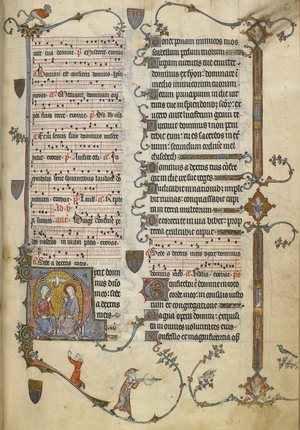 A historiated initial 'D'(ixit) of the Trinity, with a lower border including a man praying and a man with a crossbow, at the beginning of Psalm 109