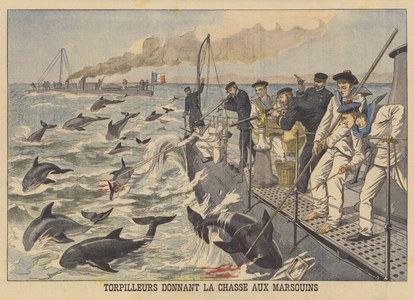 The crew of a French torpedo boat hunting porpoises (colour litho)