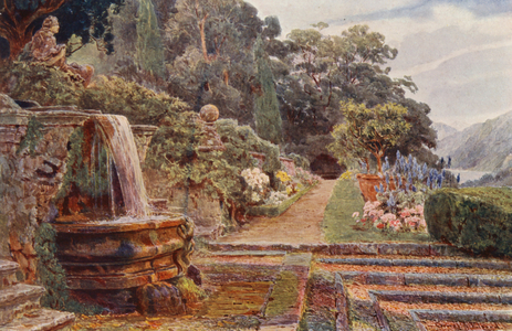 Italian Gardens: Villa Cicogna, Below the Cascade (colour litho)