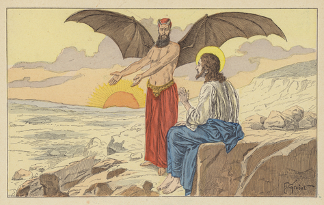 Jesus tempted by the Devil (colour litho)