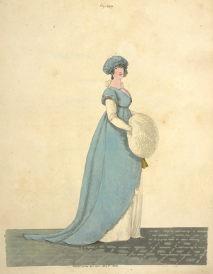 Afternoon dress. 'The hair in large loose curls. Cap of blue satin. trimmed with a row of pearls and embroidered in gold. Robe of blue satin, full epaulettes embroidered in gold, short full sleeves of cambrick: gold cord round the waist and tassel in front. Pearl necklace and ear-rings. White gloves and shoes. White muff'.