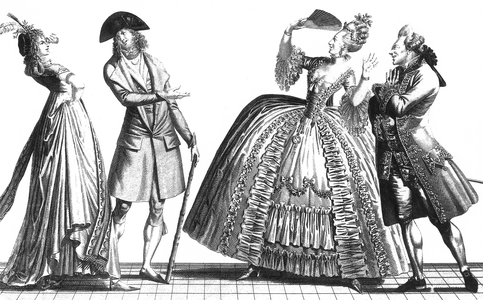 18th century fashion in France : on l 1790-1800 fashion (Incroyables et Merveilles) on r 1770-1780 fashion, engraving