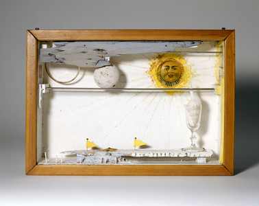Suzy's Sun (for Judy Tyler), 1957 (box construction: including wood, glass, plastic, metal, tempera, cork, seashell, paper)