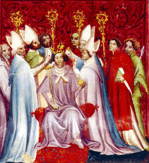 coronation of a king is an illumination extracting from the manuscript entitled the Great chronicle of France, written during the 14th and 15th century and preserved in the BNF