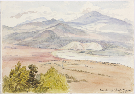 View from the Cerro del Calvario, Patzcuaxo on one side of the paper and on the other is a view of the ancient fortress and stone mounds, Iguatcho from Cerro del Calvario, Patzcuaro, Michoacan, Mexico (w/c)