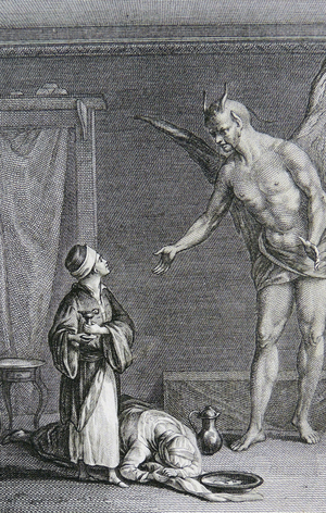 Aladin visited by the Genie of the Lamp.