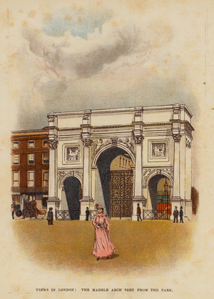 Views in London, the Marble Arch seen from the park (colour litho)