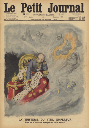 The sorrow of Emperor Franz Joseph I of Austria (colour litho)