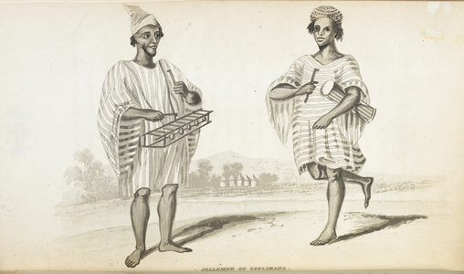 Jellemen of Soolimana. Musicians of West Africa, illustration from 'Travels in the Timannee, Kooranko and Soolima countries in western Africa, by Alexander Gordon Laing, publ. 1825 (litho)