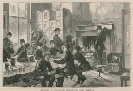 Sketches in telegraph street - the boys' kitchen (engraving)